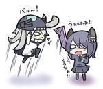  black_skirt chibi closed_mouth eyepatch grey_hair headgear kantai_collection long_hair long_sleeves multiple_girls purple_hair school_uniform serafuku shinkaisei-kan short_hair simple_background skirt tears tenryuu_(kantai_collection) thighhighs translated white_background wo-class_aircraft_carrier zerozaki_tojiori 