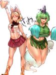  adapted_costume arm_up bare_shoulders blush breasts brown_hair cheerleader closed_eyes crop_top earmuffs ghost_tail green_eyes green_hair hat large_breasts midriff miniskirt multiple_girls navel open_mouth pleated_skirt plump pom_poms sekiyu_(spartan) short_hair skirt skirt_lift smile soga_no_tojiko standing tank_top tate_eboshi thick_thighs thighs toned touhou toyosatomimi_no_miko wavy_mouth wide_hips 