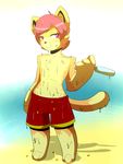  2014 anthro black_nose chest_tuft chibi clothed clothing feline food freckles fur hair half-dressed ice_cream male mammal munks navel outside solo standing topless tuft wet 