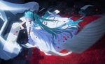  absurdly_long_hair aqua_hair bow_(instrument) checkered checkered_floor closed_eyes curtains dress flying_paper from_above hair_ribbon hatsune_miku holding instrument long_hair maredoro music open_window paper petals playing_instrument ribbon sheet_music solo twintails very_long_hair violin vocaloid white_dress window 
