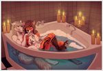  2015 anthro bathing bathtub breasts candle canine duo female female/female fire fox gorsh_dolderan mammal nipple_piercing nipples nude piercing smile tattoo water wolf yellow_eyes 