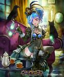  :p bird blue_hair boots breasts cat cleavage copyright_name crow cup detached_sleeves earrings fingerless_gloves fingernails fire garter_straps gloves hair_over_one_eye hat jewelry magic matsuda_(matsukichi) pointy_ears red_eyes shingeki_no_bahamut short_hair shorts sitting skirt small_breasts table tea teacup thighhighs tongue tongue_out 