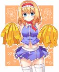  adapted_costume alice_margatroid alternate_costume blonde_hair blue_eyes blush cheerleader chibi hairband hakurei_reimu heart highres kikiriri kirisame_marisa looking_at_viewer midriff navel pom_poms ribbon shirt short_hair skirt skirt_set sleeveless solo star sweatdrop thighhighs touhou white_legwear zettai_ryouiki 