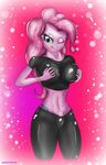  blue_eyes breasts cartoon cleavage clothed clothing digital_media_(artwork) friendship_is_magic fur hair looking_at_viewer lying my_little_pony on_front pink_fur pink_hair pinkie_pie_(mlp) sixpathoffriendship 