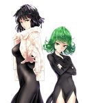  back-to-back black_dress black_hair breasts crossed_arms curly_hair dress fubuki_(one-punch_man) green_eyes green_hair height_difference highres infinote jacket medium_breasts multiple_girls one-punch_man outstretched_arm short_hair siblings sisters small_breasts tatsumaki 