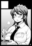  black_border blush border breasts chopsticks circle_cut commentary_request eating filia_(skullgirls) food food_on_face fukumaaya greyscale large_breasts long_hair lunchbox md5_mismatch monochrome necktie rice rice_on_face samson_(skullgirls) school_uniform skullgirls solo 