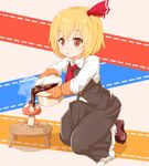  :o blonde_hair chocolate chocolate_covered frilled_skirt frills hair_ribbon mushroom open_mouth oven_mitts pot pouring red_eyes ribbon rumia shiron_(e1na1e2lu2ne3ru3) shirt short_hair skirt steam touhou vest 