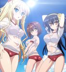  absolute_duo blonde_hair bra brown_eyes brown_hair buruma cloud day green_eyes headband highres hotaka_miyabi lilith_bristol long_hair multiple_girls purple_hair screencap short_hair sky sunlight tachibana_tomoe_(absolute_duo) underwear wet wet_clothes yellow_eyes 