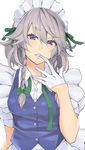  biting blue_eyes blush braid breasts collared_shirt glove_biting gloves izayoi_sakuya looking_at_viewer maid maid_headdress makita_(twosidegekilove) neck_ribbon puffy_short_sleeves puffy_sleeves ribbon shirt short_hair short_sleeves silver_hair simple_background small_breasts solo touhou twin_braids untied upper_body vest white_background white_gloves white_shirt 