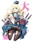  atago_(kantai_collection) black_gloves blonde_hair blue_eyes blush breasts covering covering_breasts gloves hat highres kantai_collection large_breasts long_hair military military_uniform no_bra open_mouth panties panties_under_pantyhose pantyhose sakana solo torn_clothes torn_legwear translated underwear uniform 