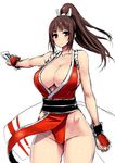  blush breasts brown_eyes brown_hair cleavage closed_fan fan fatal_fury female folding_fan groin highleg highleg_panties ishimiso_(ishimura) ishimura_(ishimura-ya) japanese_clothes king_of_fighters large_breasts long_hair no_bra panties pelvic_curtain pixiv_manga_sample ponytail revealing_clothes shiranui_mai snk solo the_king_of_fighters underwear 