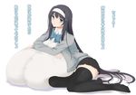  1girl black_hair blue_eyes breast_pillow breasts copyright_request gigantic_breasts long_hair looking_at_viewer miniskirt self_pillow simple_background skirt solo thighhighs translation_request tworship white_background zettai_ryouiki 