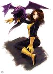  animal animal_on_hand belt bodysuit boots brown_hair dragon from_side full_body gloves iduhara_jugo kitty_pryde knee_boots leg_lift light_smile lockheed long_hair looking_at_viewer looking_back loose_belt marvel outstretched_arm shadowcat simple_background smile superhero through_wall wavy_hair white_background x-men yellow_eyes yellow_footwear 