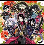  ahoge armor black_hair blue_eyes cape character_name cherry_blossoms double-breasted green_eyes hidakarumen honebami_toushirou horikawa_kunihiro hotarumaru izumi-no-kami_kanesada japanese_armor kashuu_kiyomitsu katana kote letterboxed long_hair looking_at_viewer male_focus military military_uniform mole mole_under_mouth multiple_boys nail_polish namazuo_toushirou open_mouth ponytail purple_eyes purple_hair red_eyes red_nails red_scarf scarf sheath short_hair sword touken_ranbu uniform very_long_hair weapon 