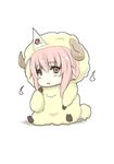  animal_costume blush chibi highres hitodama horns looking_at_viewer open_mouth pink_eyes pink_hair saigyouji_yuyuko sheep_costume sheep_horns short_hair simple_background sitting solo touhou triangular_headpiece volkies white_background 