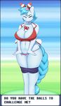  2015 3mangos anthro big_breasts blue_eyes blue_hair blue_skin blush bow breasts cleavage clothed clothing english_text equine female hair horse jacket looking_at_viewer mammal nails navel nintendo panties pok&eacute;ball pok&eacute;mon pony short_hair shorts smile solo standing text thick_thighs underwear undressing video_games wide_hips 