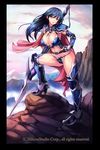  amei_sumeru armor bikini_armor blue_hair breasts cape large_breasts long_hair pink_eyes polearm smile 
