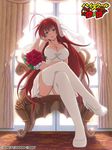  ahoge artist_request blue_eyes bouquet breasts bridal_veil cleavage dress flower high_school_dxd huge_ahoge jpeg_artifacts large_breasts long_hair official_art red_flower red_hair red_rose rias_gremory rose solo thighhighs third-party_edit third-party_watermark veil very_long_hair wedding wedding_dress white_legwear 