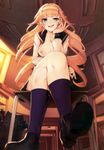  absurdres blonde_hair blue_eyes breasts classroom copyright_request crossed_legs drill_hair fang foreshortening from_below hairband highres hitoto long_hair medium_breasts nipples open_clothes open_shirt scan school_uniform serafuku shirt smile socks solo sweatdrop twin_drills 