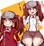  :3 :d blush brown_hair brown_skirt collared_shirt kantai_collection long_hair long_sleeves magatama onmyouji open_mouth pleated_skirt red_eyes ryuujou_(kantai_collection) shirt skirt smile suspenders thick_thighs thighs translation_request twintails visor_cap yukinojou_yakan 
