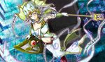  bare_shoulders breasts detached_sleeves dress duel_monster empress_of_prophecy erolj gloves headgear light_brown_eyes long_hair midriff navel shield silver_hair smile solo staff white_dress white_gloves yuu-gi-ou 
