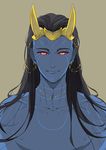 black_hair blue_skin helmet horns loki_(marvel) long_hair male_focus marvel moriyama_(b_forest) red_eyes solo 