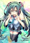  beamed_eighth_notes boots detached_sleeves eighth_note green_eyes green_hair hatsune_miku headphones long_hair musical_note necktie open_mouth quarter_note shiomizu_(swat) skirt solo staff_(music) thigh_boots thighhighs twintails very_long_hair vocaloid 