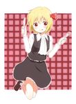  :q blonde_hair checkered checkered_background folded_leg fork hair_ribbon heart knife long_sleeves looking_at_viewer napkin nekoze_(chatte_secca) red_background red_eyes ribbon rumia short_hair skirt solo tongue tongue_out touhou vest 