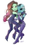  bald bald_girl black_eyes blue_skin brown_hair gamora green_skin guardians_of_the_galaxy kandagawa marvel multiple_girls nebula_(gotg) spacesuit 