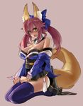  animal_ears bare_shoulders blue_legwear blush bow breasts cleavage commentary detached_sleeves eu03 fang fate/extra fate_(series) fox_ears fox_tail hair_bow hair_ribbon japanese_clothes large_breasts looking_at_viewer pink_hair ribbon seiza simple_background sitting smile solo tail tamamo_(fate)_(all) tamamo_no_mae_(fate) thighhighs twintails yellow_eyes 