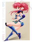  armor asagiri_youko ass bikini_armor boots breasts brown_eyes butt_crack earrings fighting_stance from_behind genmu_senki_leda jewelry knee_boots long_hair looking_back pauldrons red_hair side_ponytail sideboob small_breasts solo tamanegiinyo vambraces 