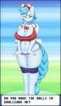  2015 3mangos anthro big_breasts blue_eyes blue_hair blue_skin blush bow breasts cleavage clothed clothing english_text equine female hair horse jacket looking_at_viewer mammal nails navel nintendo panties pok&eacute;ball pok&eacute;mon pony short_hair shorts smile solo standing text thick_thighs underwear undressing video_games wide_hips 