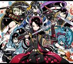  armor blue_eyes blue_hair bridal_gauntlets character_name cherry_blossoms green_eyes green_hair haori hidakarumen hotarumaru japanese_armor japanese_clothes kashuu_kiyomitsu katana kote letterboxed long_hair male_focus mikazuki_munechika mole mole_under_eye mole_under_mouth multiple_boys nail_polish open_mouth ponytail purple_hair red_eyes red_hair red_nails red_scarf sayo_samonji scarf shinsengumi shorts sock_garters socks sword tarou_tachi touken_ranbu weapon white_scarf yamato-no-kami_yasusada 