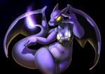  2014 anthro bigger_version_at_the_source black_background bra breasts censored charizard chubby clothing dragon elpatrixf fangs female fire glowing glowing_eyes looking_at_viewer navel nintendo panties plain_background pok&eacute;mon pussy scalie smirk solo twitch_plays_pokemon underwear video_games wings yellow_eyes 