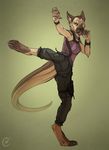  bracers breasts canine dog female german_shepherd hybrid kick looking_at_viewer mammal martial_arts plain_background scalie solo standing twistedhound 