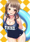  breasts brown_eyes brown_hair cleavage kondou_ryunosuke large_breasts long_hair okita_sawa one-piece_swimsuit school_swimsuit swimsuit tari_tari twintails 