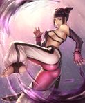  1girl ass black_hair breasts capcom feet female gloves han_juri looking_at_viewer purple_eyes short_hair sideboob solo street_fighter street_fighter_iv super_street_fighter_iv twintails yazuwo 