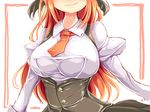  adapted_costume breasts covered_nipples head_out_of_frame ichirino_minagi koakuma large_breasts long_hair necktie red_hair smile solo touhou 