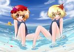  aki_minoriko aki_shizuha blonde_hair blush hat highres kuromaru-4321 multiple_girls one-piece_swimsuit pyonta school_swimsuit swimsuit touhou water 