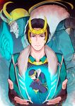  black_hair child green_eyes helmet horns kid_loki loki_(marvel) male_focus marvel moriyama_(b_forest) multiple_boys multiple_persona old_man 