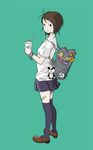  bandaid brown_hair green_background highres original popman3580 school_uniform short_hair simple_background smile solo 