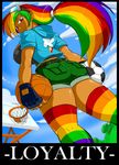  ass basketball basketball_hoop belt breasts cloud dark_skin erect_nipples fingerless_gloves from_behind gloves goggles goggles_on_head hood hoodie large_breasts my_little_pony my_little_pony_friendship_is_magic personification ponytail rainbow_dash rainbow_hair red_eyes shonuff44 shorts smirk soccer_ball thighhighs toned 