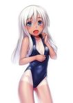  :d blue_eyes blush breasts flower front_zipper_swimsuit h_kasei hair_flower hair_ornament kantai_collection long_hair looking_at_viewer meme_attire one-piece_swimsuit one-piece_tan open_mouth ro-500_(kantai_collection) school_swimsuit small_breasts smile solo swimsuit tan tanline unzipping white_hair 