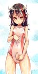  :p black_hair calpish competition_swimsuit hand_on_own_chest headgear highres kijin_seija looking_at_viewer nail_polish one-piece_swimsuit red_eyes red_nails short_hair skin_tight solo swimsuit tongue tongue_out touhou undressing unzipping water wet white_swimsuit zipper 
