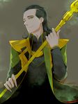  black_hair green_eyes loki_(marvel) male_focus marvel moriyama_(b_forest) polearm solo spear weapon 