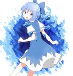  argyle argyle_background bad_id bad_pixiv_id blue_background blue_dress blue_eyes blue_hair cirno contrapposto dress from_behind gradient gradient_background hair_ribbon looking_at_viewer looking_back nekoze_(chatte_secca) open_mouth puffy_short_sleeves puffy_sleeves ribbon short_hair short_sleeves solo standing touhou wings 
