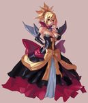  bare_shoulders bat_wings blonde_hair blush bow breasts brooch cleavage commentary covered_nipples demon_girl detached_sleeves disgaea dress earrings eu03 gem hair_ornament hand_on_hip jewelry large_breasts long_dress looking_at_viewer makai_senki_disgaea_2 pointy_ears red_eyes rozalin simple_background solo strapless strapless_dress wings yellow_bow 