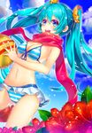  :d absurdres aqua_eyes aqua_hair bad_id bad_pixiv_id ball bikini breasts cleavage day flower hatsune_miku hibiscus highres long_hair medium_breasts navel nonomaro open_mouth red_scarf scarf sky smile solo striped striped_bikini swimsuit twintails very_long_hair vocaloid 