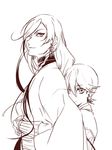  age_difference earrings height_difference horikawa_kunihiro hug hug_from_behind izumi-no-kami_kanesada japanese_clothes jewelry long_hair looking_at_viewer male_focus monochrome multiple_boys simple_background touken_ranbu white_background zuwai_kani 