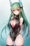  breasts cleavage cleavage_cutout elbow_gloves front_zipper_swimsuit gloves green_hair headgear highres long_hair medium_breasts meme_attire menou_kaname one-piece_swimsuit original solo swimsuit taishi_(picchiridou) thighhighs 